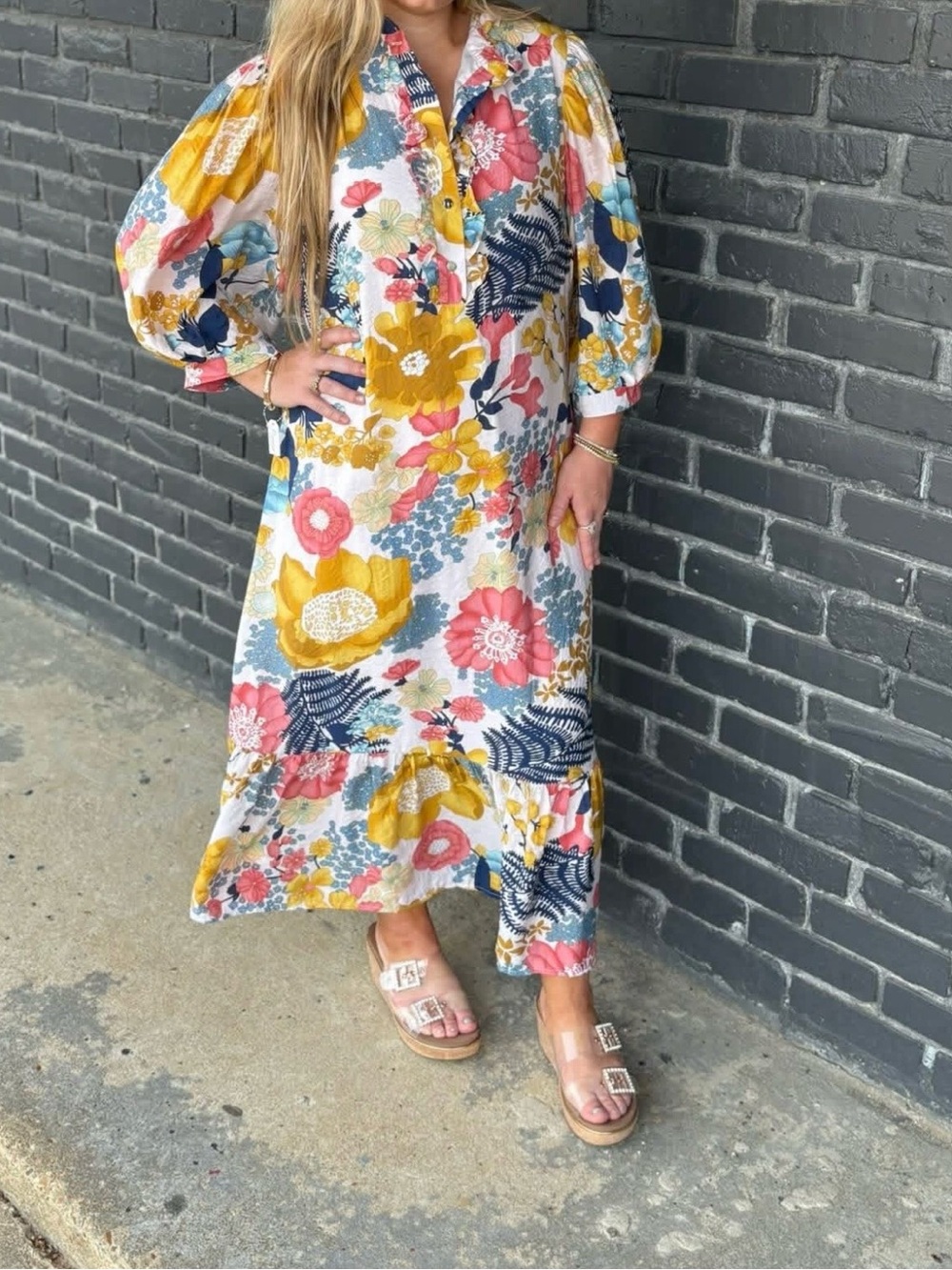 GGO Floral Ruffle Maxi Dress in Yellow, Pink & Blue - Picture 2 of 8